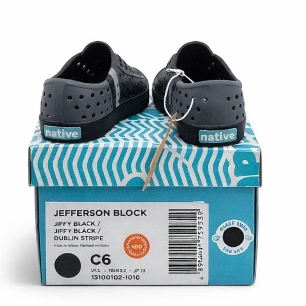 Native Jefferson Kids Slip-On Water Shoes Jiffy Black Dublin Stripe C6 Lightweig